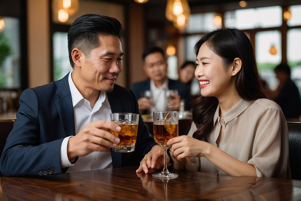 an Asian young man and an Asian young lady and a 60+ years old Asian father, no kids, are drinking whisky in a restaurant for celebrating father's day.