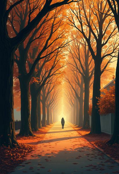 Una illustrazione di un viale alberato in autunno, con grandi alberi ai lati dai rami senza foglie e un tappeto di foglie secche a terra. L’atmosfera è malinconica ma dolce, con la luce del tramonto che illumina la scena con toni dorati e ambrati. In lontananza, si intravede la sagoma sfumata di una persona che cammina lentamente, evocando il senso di memoria e nostalgia. L'immagine ha un tocco pittorico e onirico, con leggere sfumature nebbiose che avvolgono la scena.