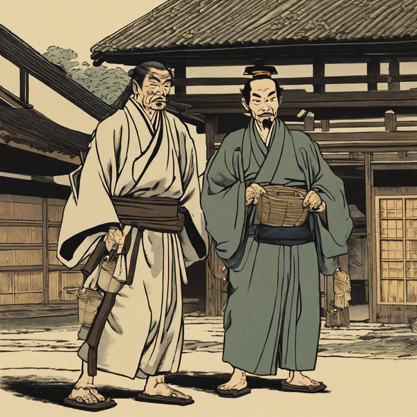 日本の江戸時代。30歳の大工の棟梁が、50歳の番頭と町を歩く - AI