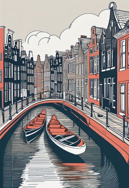 Een poster met een afbeelding in een typsiche amsterdamse gracht met een kano's. Er moeten acht meiden op de afbeelding staan van rond de twintig jaar oud met lang haar.