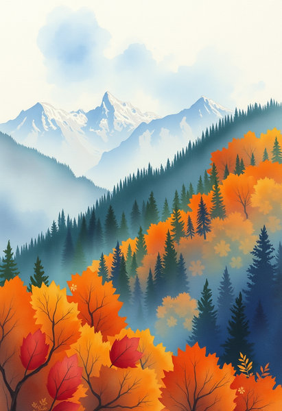 Jesienny akwarelowy krajobraz, las góry
