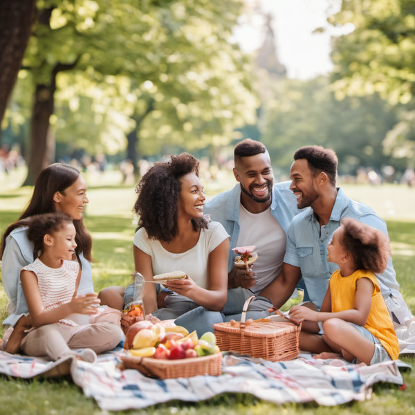 A happy family in a park having a picnic