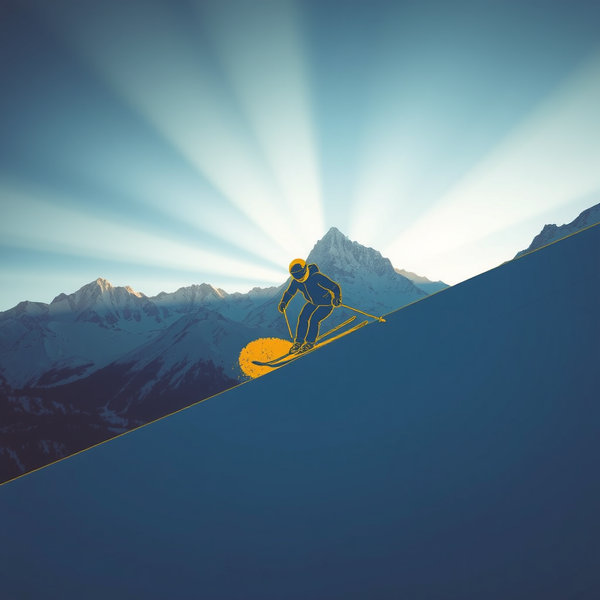 dessine moi avec des traits très simples un skieurs qui lancerai une figure avec une montagne imposante en arrière plan. le dessin doit etres le plus simple possible avec quelques contours en jaune-orangé uniquement.