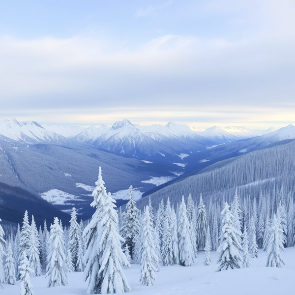 Vue panoramique d’un paysage montagneux recouvert de neige, avec des sapins blancs et un ciel clair ou légèrement nuageux.