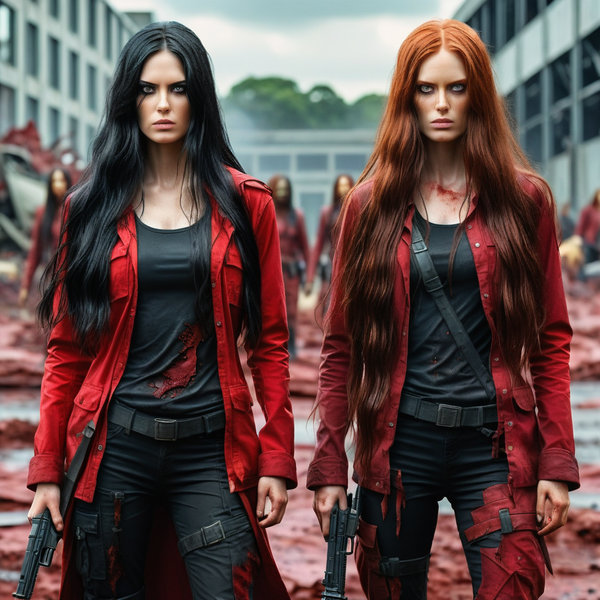 Two twin women survivors of the zombie apocalypse. One with long 