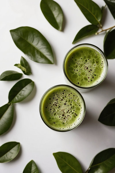 Кофейный напиток светло-зеленого цвета с небольшой белой пенкой в стеклянном стакане, без надписей на стакане на белом фоне.