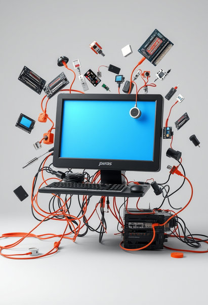 un ordenador con todos sus componentes flotando a su alrededor