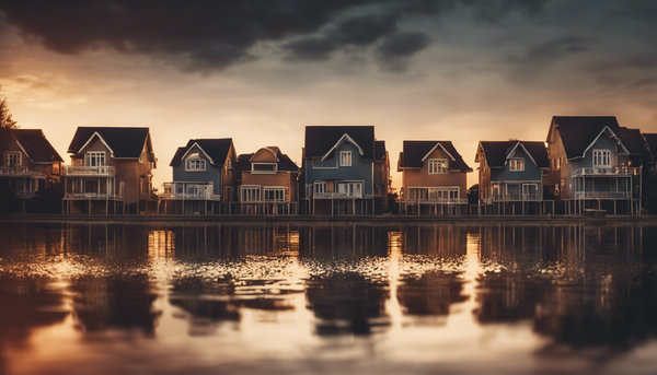 sunset in the lake view, row of houses background, wide angle