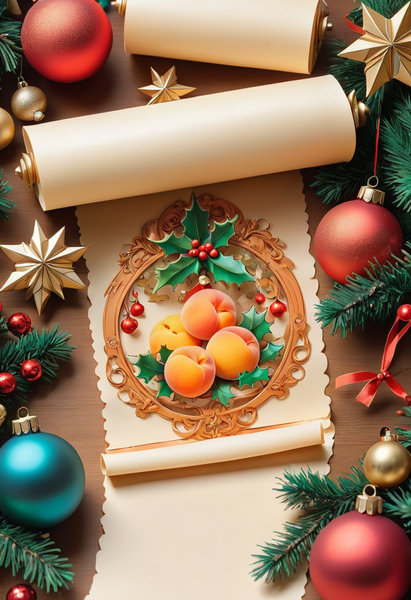 中間是一個比較小的由上而下打開的空白杏色卷軸，四周充滿聖誕節的一些裝飾