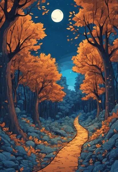Carretera en medio de un bosque azul profundo, bosque denso, techo de hojas, de noche, estilo cómic, ilustración infantil