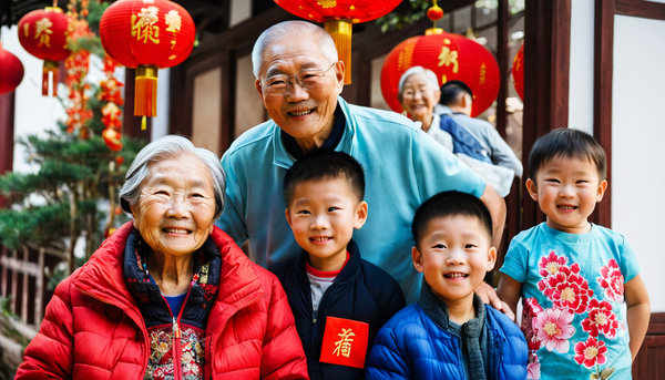 Chinese family; two little boys, one little girl, a young mom, a young dad, and TWO GRANDPARENTS! MALE AND FEMALE! a grandmother (female!), and a grandpa (male) celebrating the chinese new year