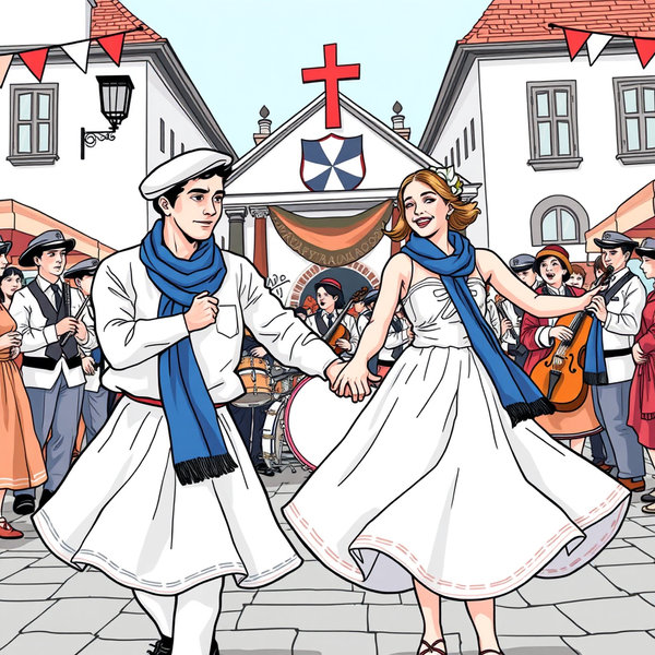 fêtes basque avec des danseurs hommes et femmes habillés en blanc avec un foulard bleu autour du coup et un béret sur la tête. il danse devant une banda et un fronton de pelote basque tout est dans un style dessin manga