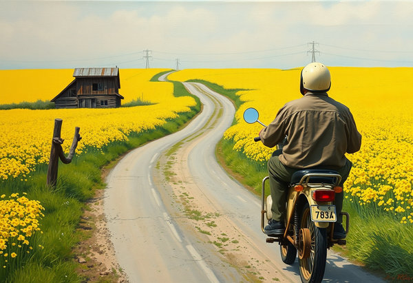 an old farmer driving a rusty old moped on av road dividing av large field of yellow rapeseed.  The old farmer seen from behind. The old farmer has a old egg-shell style helmet. From afar an old wooden mil-ramp beside the road.  a painting in the style of andrew Wyeth.