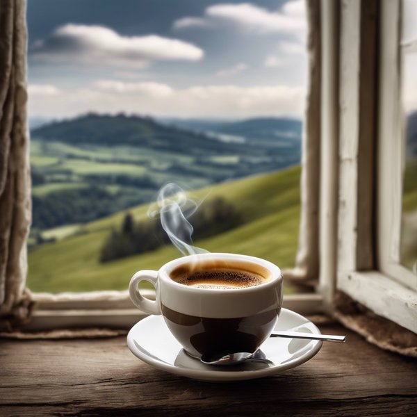 one espresso smoking small cup on a window on hill landscape