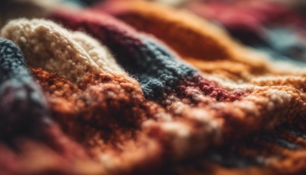 Close-up of a woolen cardigan in several colors. A nostalgic, not pessimistic, energizing image.