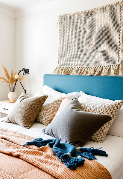 Stylish bedroom with a headboard in soft blue, a decorative woven tapestry, and an inviting bed with layered pillows and blankets.