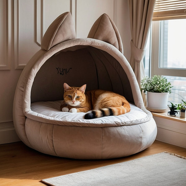 A delightful plush cat shaped bed in a cozy bedroom. The bed is designed to look like a sleeping cat complete with ears paws and a cute face. It s placed on a larger