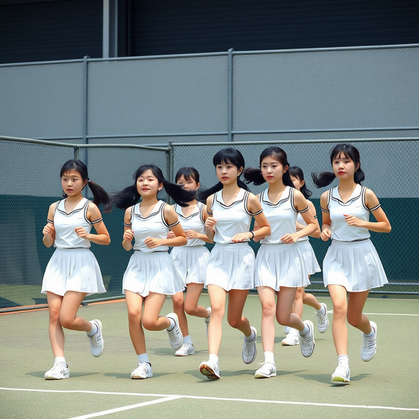 純白のプリーツミニスカートのテニスウェアを着た日本の女子高生