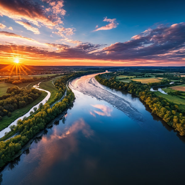4k image of the sky with a sunset and a river make it HDR