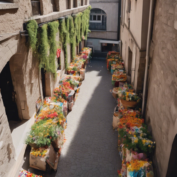 Une vue en haut le jour d'une ruelle avec une entree en arche en pierre, la rue est décoré avec des grande toile tendu et des guilandes,m lumineuse ,une facade des ruelle est décoré avec des pots mural et des lampadaires et des bancs et poubelle ,a l'intersection des ruelles des toiles et guirlandes