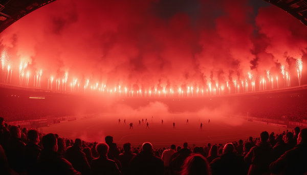 A football match where 800,000 flares everywhere are lit in the stands, creating an immense amount of smoke. The 22 players and the ball are completely obscured from view, while a magical red glow descends over the entire stadium