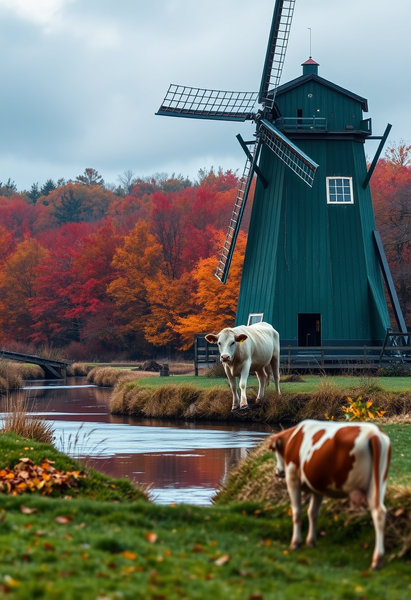 Create a photo of a Dutch landscape in late autumn. The photo should show a green wooden windmill. It stands on the bank of a canal. A cow and a calf are grazing next to the mill. The calf is looking in our direction. In the background, a forest in red and yellow tones is visible. It is already getting dark and there is a little fog.