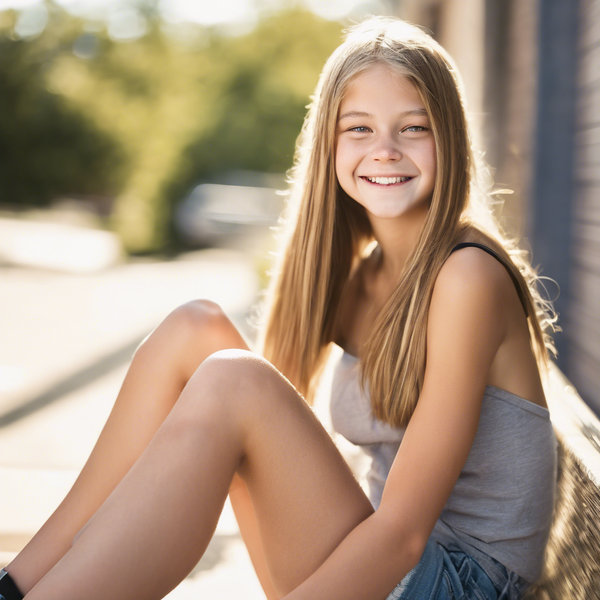 Petite teen girls A petite sassy caucasian American teen girl is sitting in the sun smirking.  She is wearing a one shoulder tank and sandals. She has long straight dark  blonde hair with highlights. -