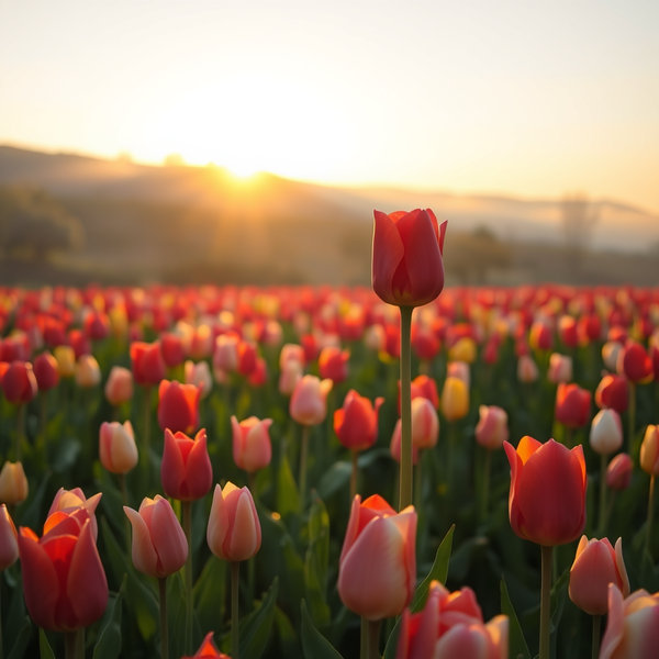 "A serene field at sunrise, filled with vibrant tulips in full bloom, each petal glowing softly in the golden morning light. The tulips sway gently in harmony with a light breeze, their colors ranging from deep crimson to pastel pink, yellow, and white. The scene radiates tranquility and hope, with a single tulip standing tall in the foreground, symbolizing resilience and love. In the background, the sun rises over a distant hill, casting a warm glow across the landscape, while a soft mist lingers in the air, enhancing the poetic serenity of the moment."