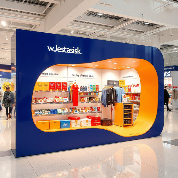 DISPLAY PUBLICITARIO CON FORMAS CURVAS PARA MERCANCIA - AI 이미지 생성기 프롬프트