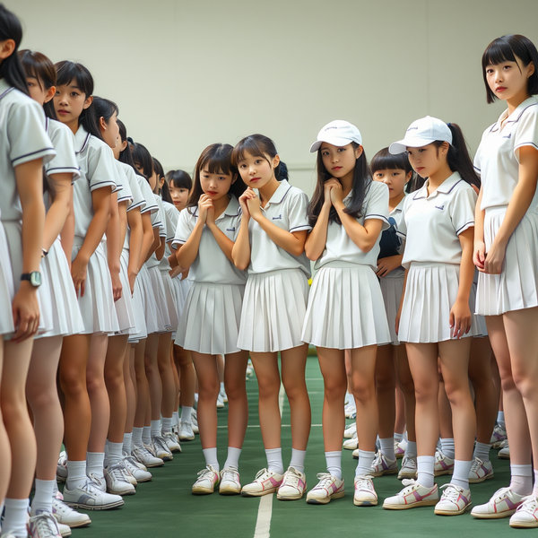 純白のプリーツミニスカートのテニスウェアを着た日本の女子高生の集団