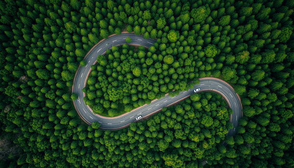 Aerial view, winding road through dense forest, lush green canopy, bird's eye perspective, curving highway, tree-lined route, cars on road, verdant landscape, forest from above, sinuous path, nature and infrastructure, aerial photography, top-down view, environmental contrast, highway in wilderness, high-resolution, detailed foliage, vibrant green tones, asphalt cutting through trees, drone shot, photorealistic