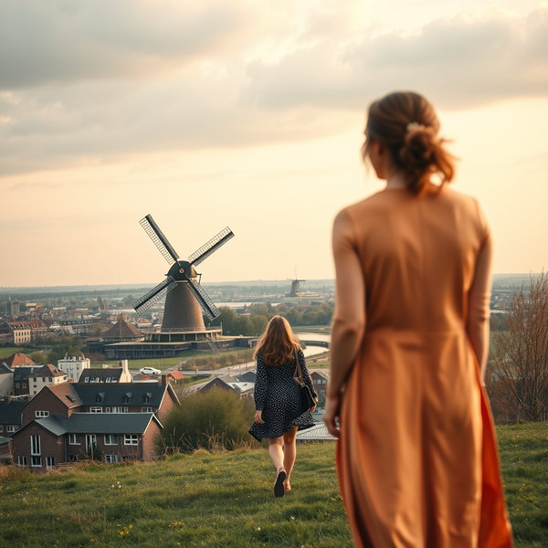 A book cover for a bokk that is about love and is called "between windmills". It plays in the netherlands and is about a woman who goes there for three months and falls in love. The woman should be seen from behind. There should be a big city like rotterdam and in the background two windmills. The woman should be smaller and be seen with her whole body. She should be walking