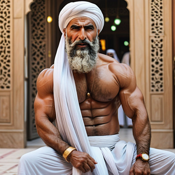 Arab Oldman turban, can see erect, crotch slit, open wide legs 