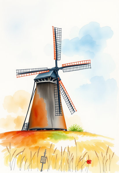 Watercolor painting of a windmill in a field