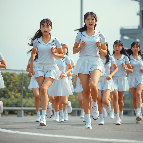 純白のプリーツミニスカートのテニスウェアを着た日本の女子高生の集団