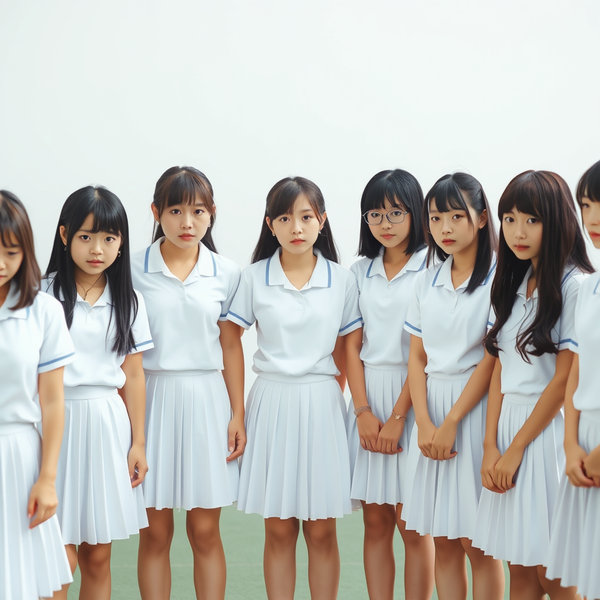 純白のプリーツミニスカートのテニスウェアを着た日本の女子高生の集団