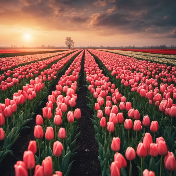 Uma planicie, vasta com um horizonte onde o céu está com um por do sol. e esse campo possui uma vasta plantação de tulipas