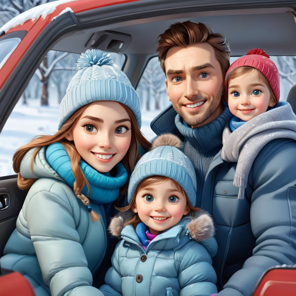 семейный поход 3D" Женщина и мужчина с детьмив машине в зимней одежде, радостные, смотрит  прямо, 3d рисунок - AI 圖像生成器提示