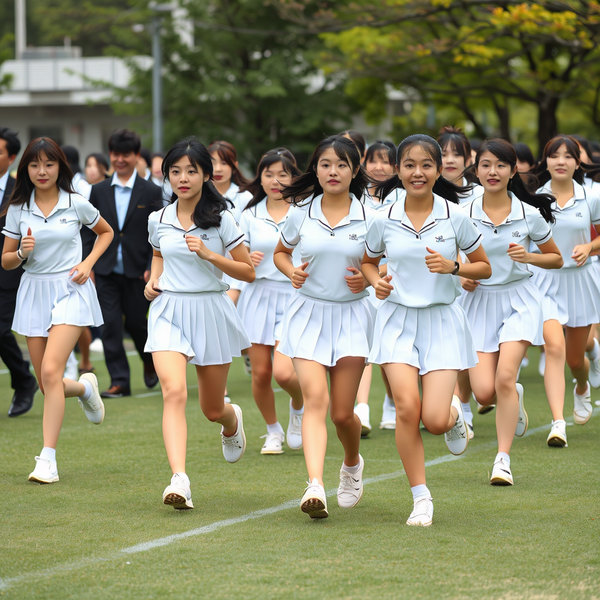 純白のプリーツミニスカートのテニスウェアを着た日本の女子高生の集団