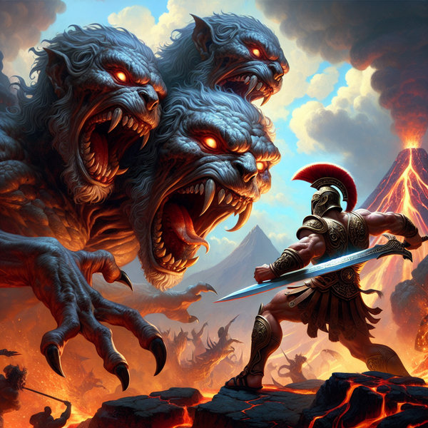 The Greek God Hercules is locked in combat with Cerberus, the ..., حجم الصورة 600x600