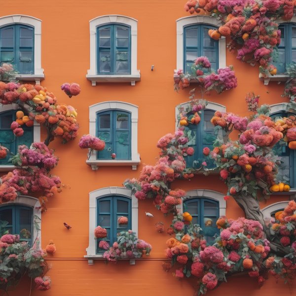 make a mural on the side of a brick building. it should have vibrant flowers, trees, and birds. there should be a squirrel holding an orange, a bird holding a kiwi, a dragon holding a dragonfruit, and a child holding a papaya