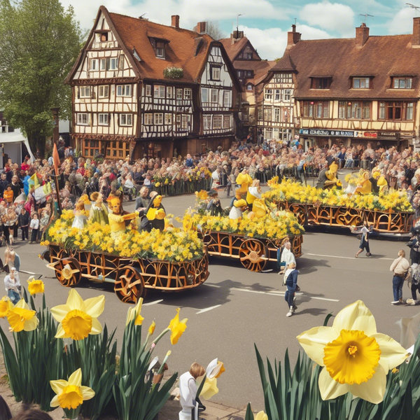 défilé de chars . sur les chars des personnages sont construits avec des jonquilles. Il fait beau. Il y a également des maisons à colombages. Sur le sol il n'y a pas de fleurs