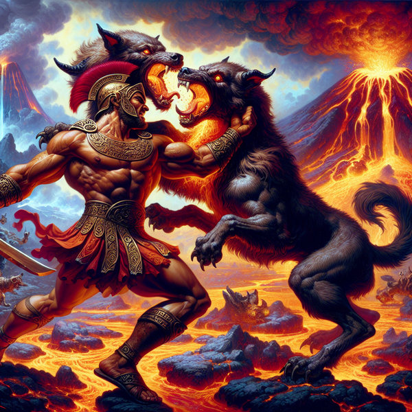 The Greek God Hercules is locked in combat with Cerberus, the ..., حجم الصورة 600x600