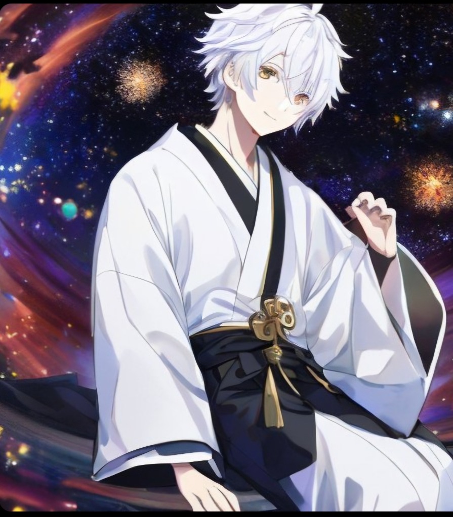 흰머리 노란눈을 가진 남자, 우주위에 링위에 앉아있고, 주먹을 쥐고있다. - AI képgenerátor Prompt, image size:895x1023