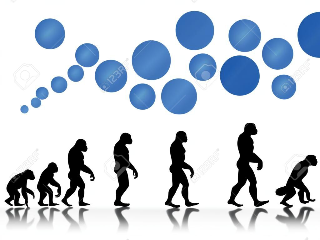 Growth and progress as image of evolution. Evolution from ape to modern man in black silhouette. Concept can be used also for growth of business or company developing industry etc. With blue circle blocks for your text.