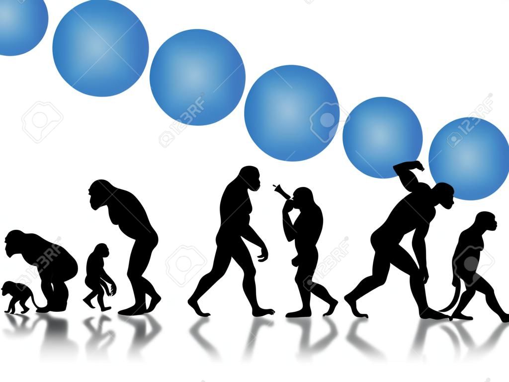 Croissance et de progrès que l'image de l'évolution. Evolution du singe à l'homme moderne en silhouette noire. Concept peut également être utilisé pour la croissance de l'entreprise ou de la société industrie en développement, etc. Avec blocs de cercle bleu pour votre texte.