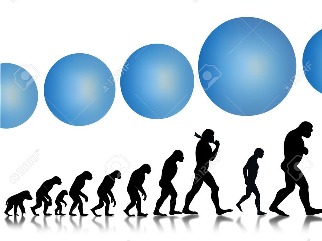La crescita e il progresso come immagine di evoluzione. Evoluzione dalla scimmia all'uomo moderno in silhouette nera. Concetto può essere utilizzato anche per la crescita del business o della società in via di sviluppo l'industria ecc Con blocchi cerchio blu per il testo.