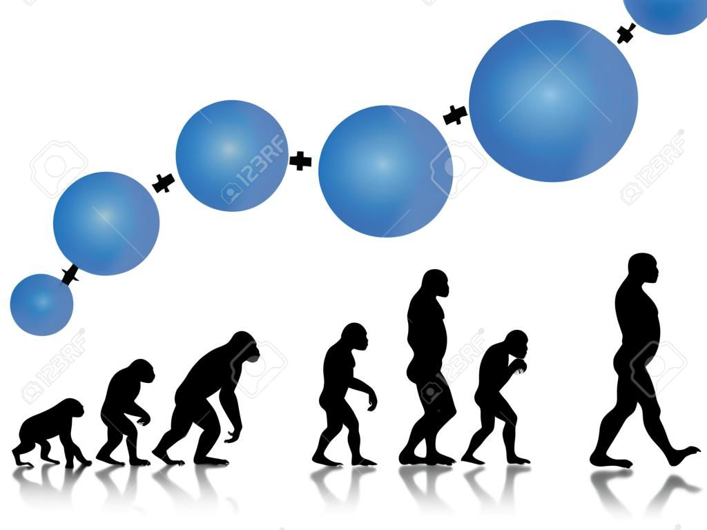 Croissance et de progrès que l'image de l'évolution. Evolution du singe à l'homme moderne en silhouette noire. Concept peut également être utilisé pour la croissance de l'entreprise ou de la société industrie en développement, etc. Avec blocs de cercle bleu pour votre texte.