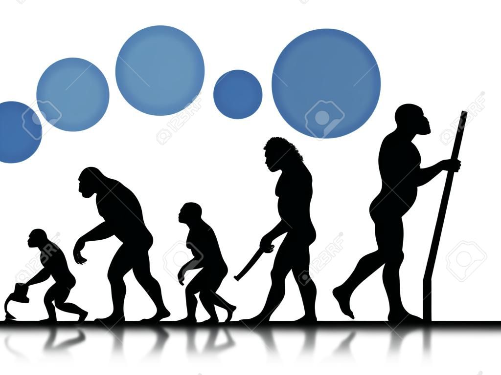 Growth and progress as image of evolution. Evolution from ape to modern man in black silhouette. Concept can be used also for growth of business or company developing industry etc. With blue circle blocks for your text.