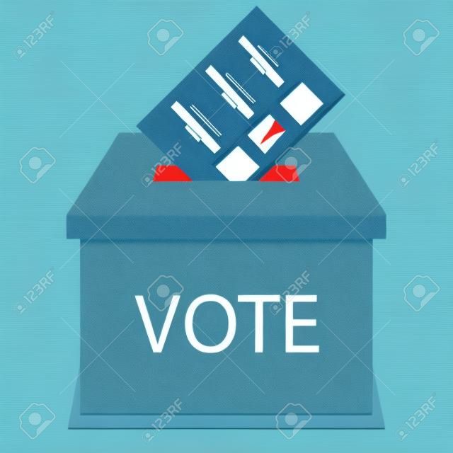 투표 용지 상자가 평면 투표를 디자인합니다. 투표 및 투표, 선거 투표 상자, 부스, 항아리 및 제안 상자, 투표 용지, 선거 선택, 투표 정부를 투표. 벡터 추상 평면 디자인 일러스트 레이 션